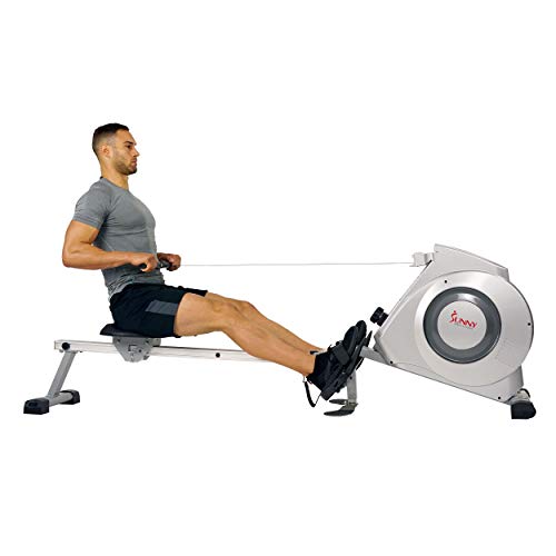 Sunny Health & Fitness Magnetic Rowing Machine w/ Digital Monitor, 300 LB Weight Capacity, Dual Function Multi-Exercise Foot Plates and Portability Wheels - SF-RW5612,Gray