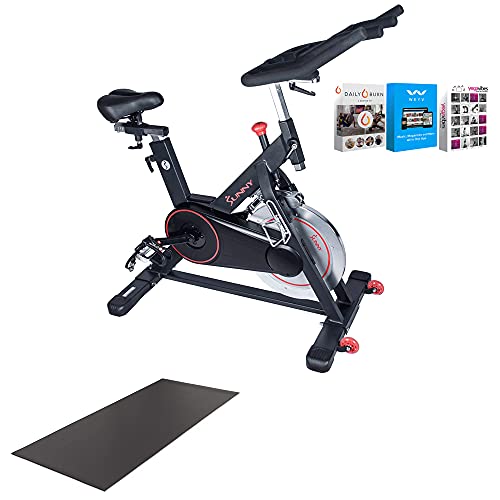 Sunny Health and Fitness SF-B1805 Magnetic Belt Drive Indoor Cycle with Tablet Holder Bundle with XTERRA Fitness 3' x 7' Equipment Mat and Tech Smart USA Fitness & Wellness Suite
