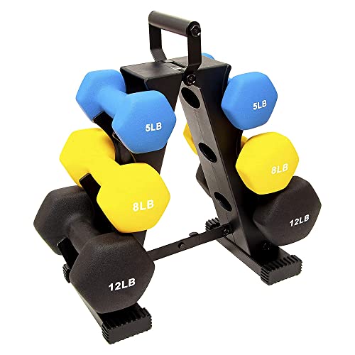 Signature Fitness 50LB Colored Neoprene Coated Dumbbell Set with Stand 5, 8, 12 lbs Pairs