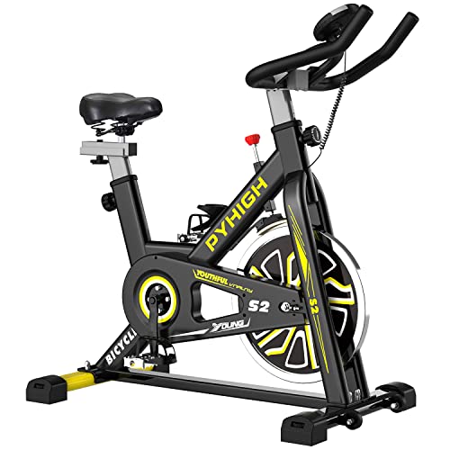 PYHIGH Indoor Cycling Bike Belt Drive Stationary Bicycle Exercise Bikes with LCD Monitor for Home Cardio Workout Bike Training (Yellow)
