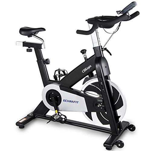 ECHANFIT Magnetic Belt Drive Exercise Bike Stationary Indoor Cycling Bike With Infinite Resistance Levels Multiple Hand Grip Positions Tablet Holder And 30 LBS Quiet Flywheel For Home Workout
