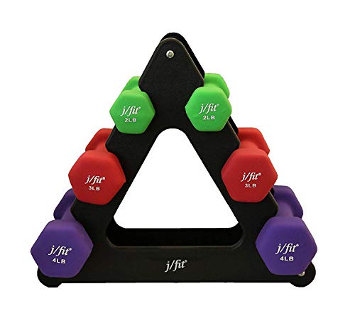 j/fit Dumbbell Set w/Durable Rack | Solid Design | Double Neoprene Coated Workout Weights Non-Chip and Flake | Dumbbells Sets For Gyms, Pilates, MMA, Training, Schools, Rehabilitation Centers
