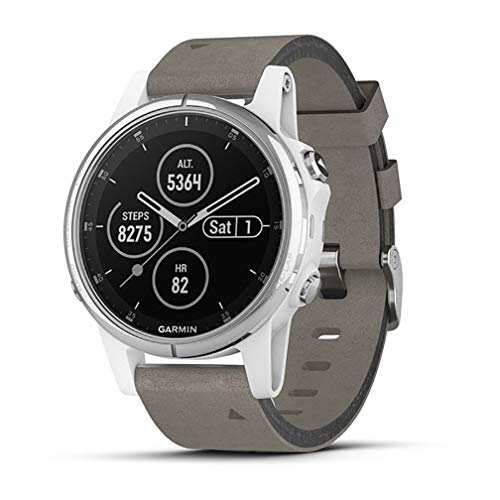 Garmin fenix 5S Plus, Smaller-Sized Multisport GPS Smartwatch, Features Color Topo Maps, Heart Rate Monitoring, Music Contactless Payment, Silver/White with Gray Suede Band