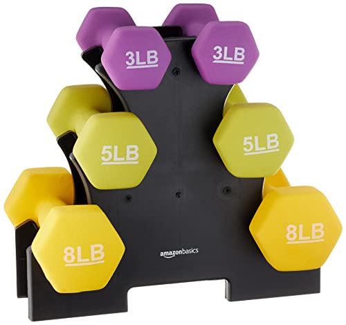 Amazon Basics Neoprene Coated Hexagon Workout Dumbbell Color-Coded Hand Weight With Storage Rack, 32 Pounds, Set of 2 (3 Pound, 5 Pound, and 8 Pound), Multicolor